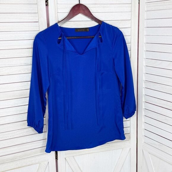 The Limited Cutouts Tie Neck Shimmer Crepe Blouse Blue XS - Picture 7 of 12